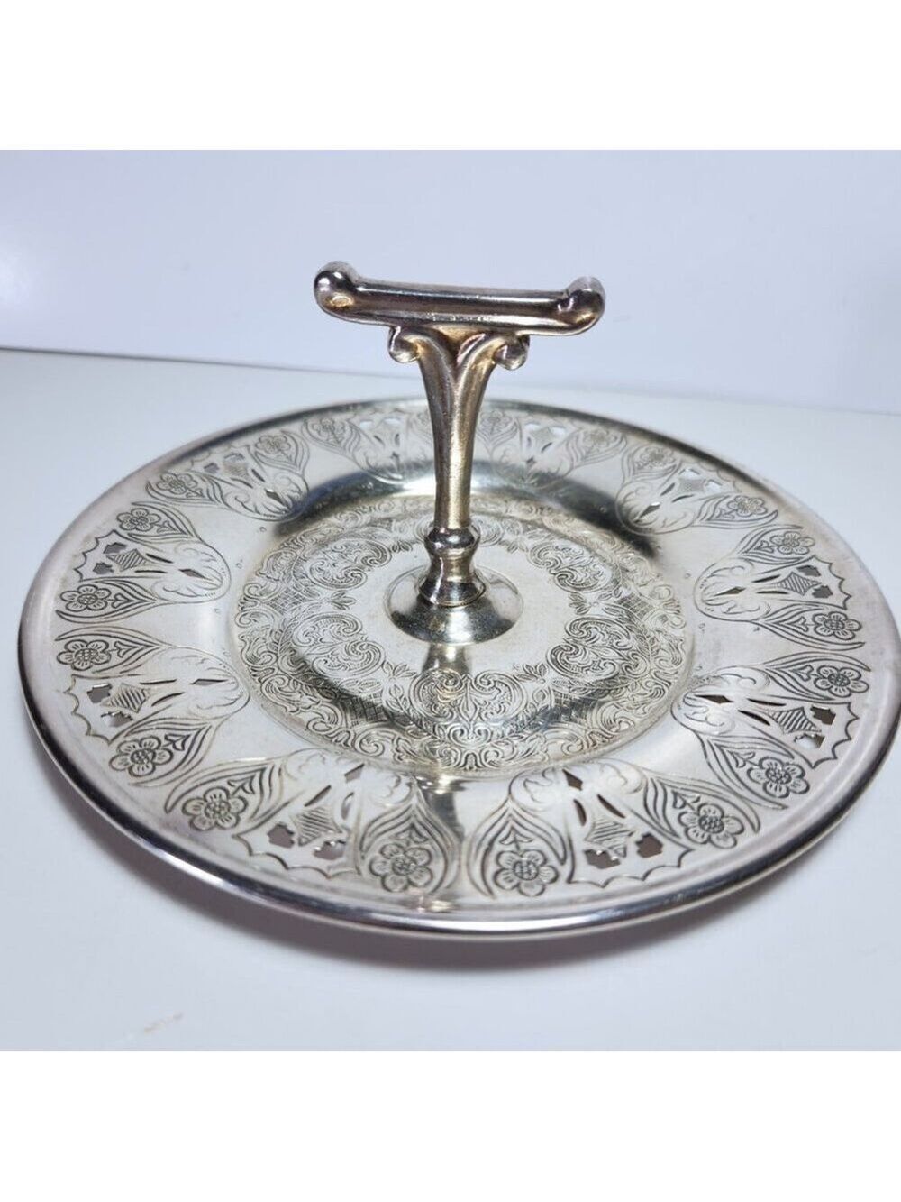 Viking Plate Handled Serving Tray Pierced EP Copper Silver Plated Cake Dish 7"